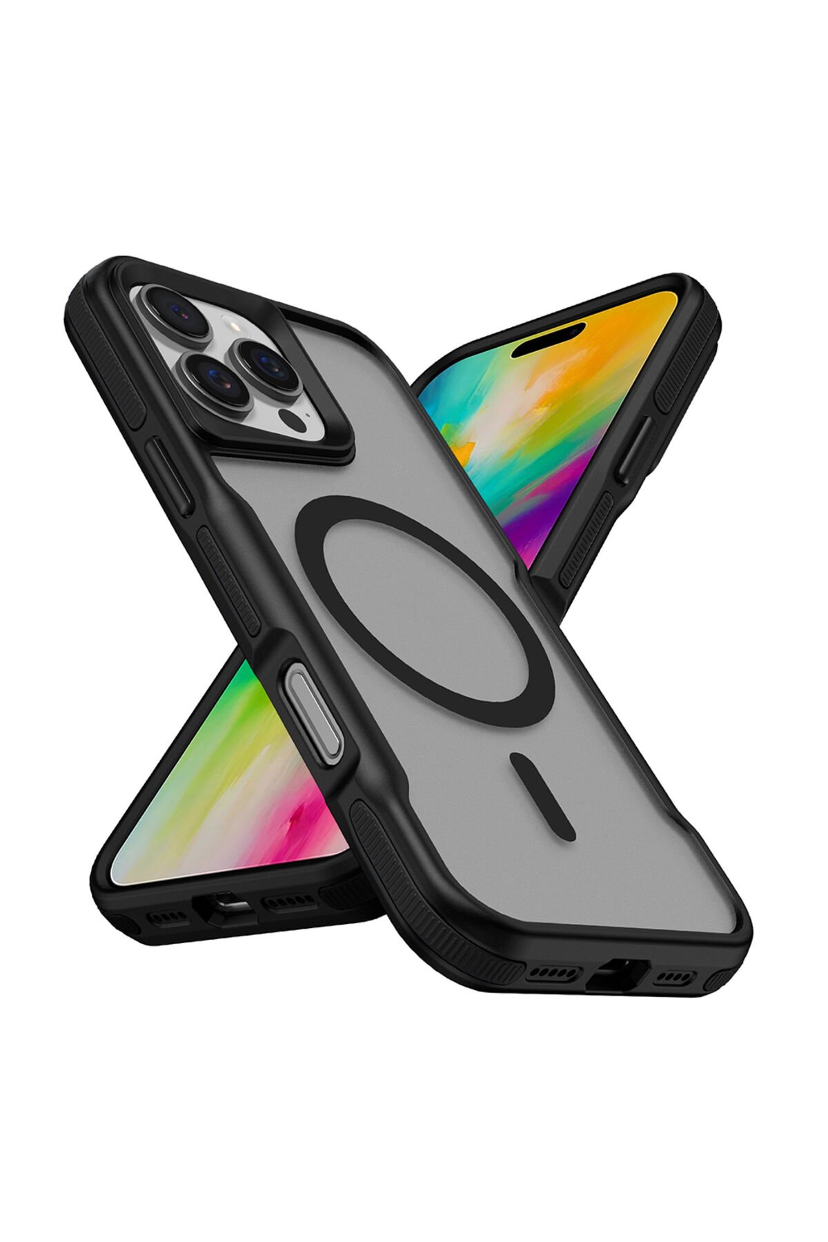 iPhone 16 Pro Max Uyumlu Magsafe Şarj Özellikli Renkli Kenar Airbag Şeritli BSAY Lamer Kapak-Siyah Siyah