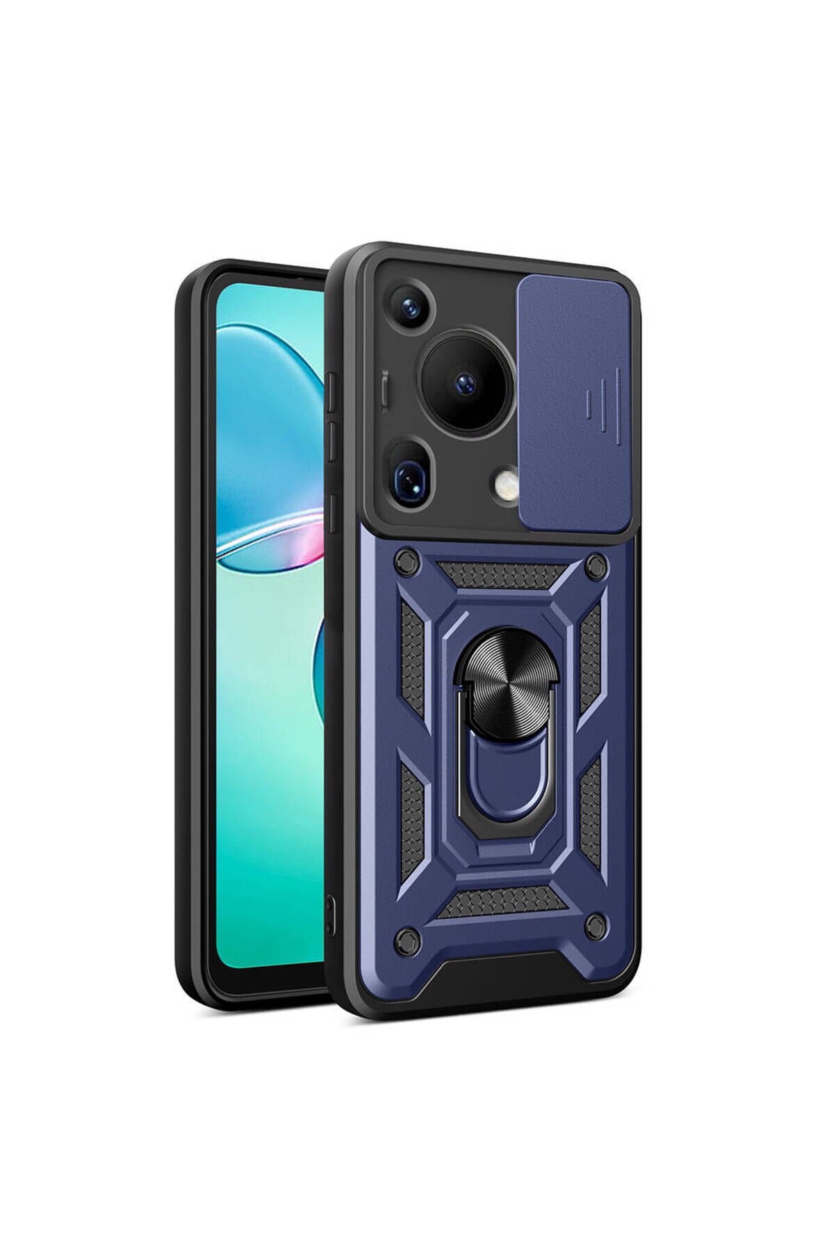 Huawei Pura 70 Ultra Kılıf Magnetik Standlı Kamera Korumalı BSAY Sürgülü Vega Kapak - Siyah Mavi