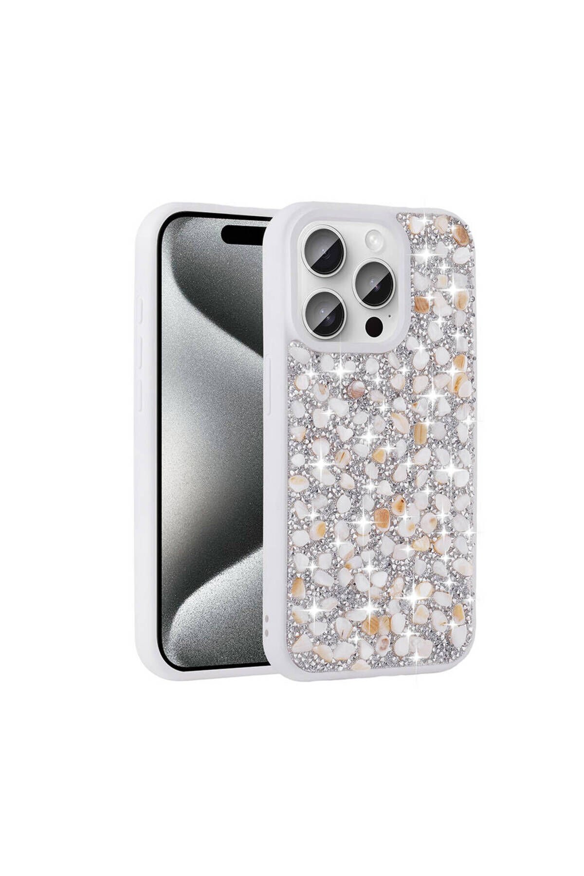 iPhone 15 Pro Kılıf Parlak Taşlı Tasarım BSAY Linea Kapak - Pembe Beyaz