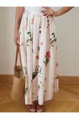 Beli Lastikli Çiçek Desenli Pileli Etek