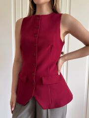 Düğmeli Double Kumaş Yelek Kahverengi - L