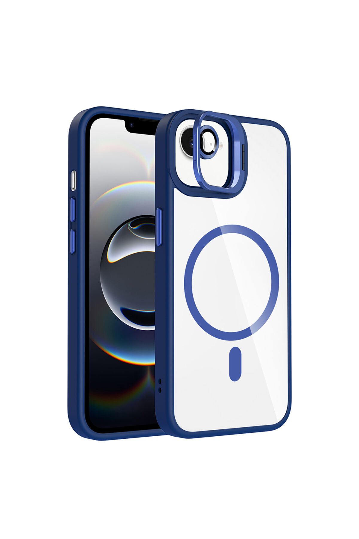 iPhone 17E Kılıf Standlı ve Kamera Lens Hediyeli M-Safe Şarj Özellikli BSAY Etro Kapak - Lacivert Lacivert