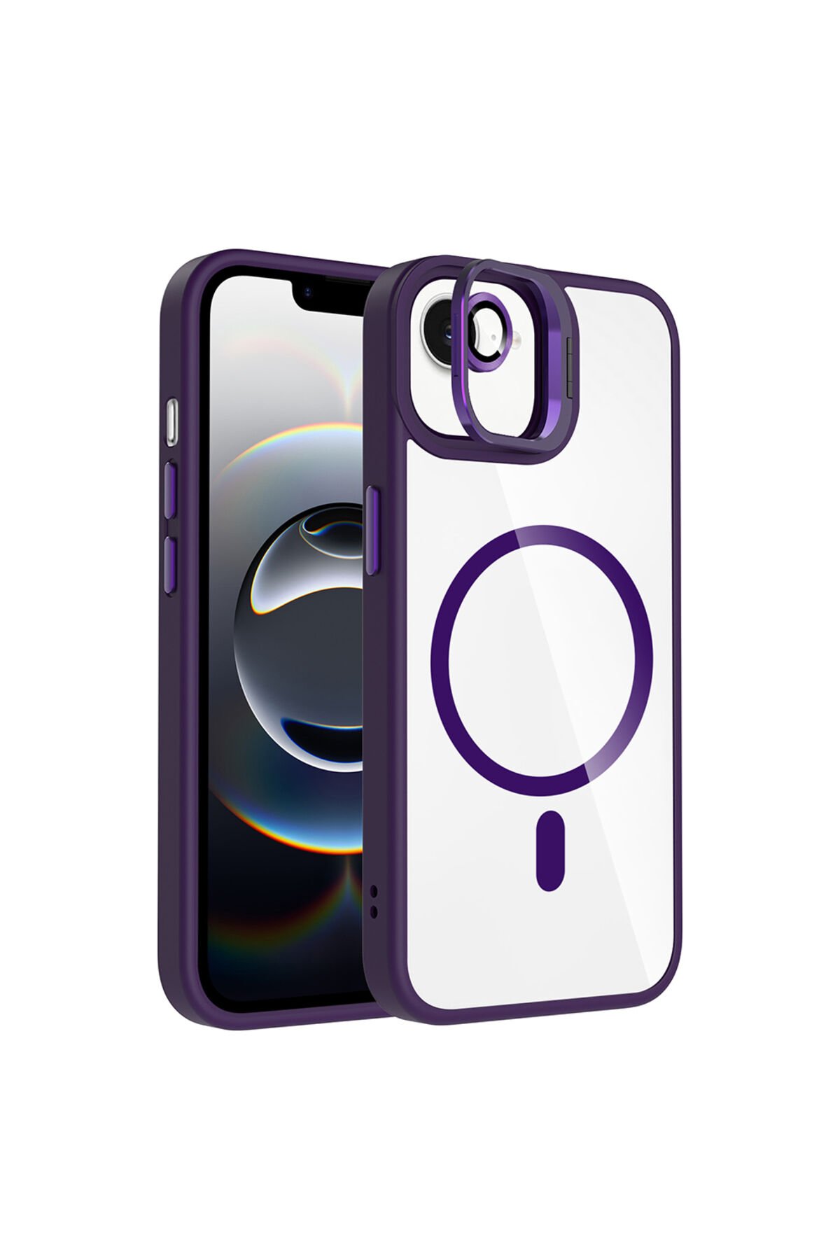 iPhone 17E Kılıf Standlı ve Kamera Lens Hediyeli M-Safe Şarj Özellikli BSAY Etro Kapak - Lacivert Mor
