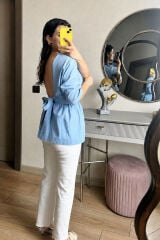 Sırt Dekolteli Poplin Gömlek Buz Mavi - XS