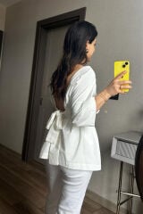 Sırt Dekolteli Poplin Gömlek Buz Mavi - XS