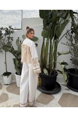 Taş Aksesuarlı Dantel Detaylı Keten Takım