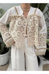 Taş Aksesuarlı Dantel Detaylı Keten Takım
