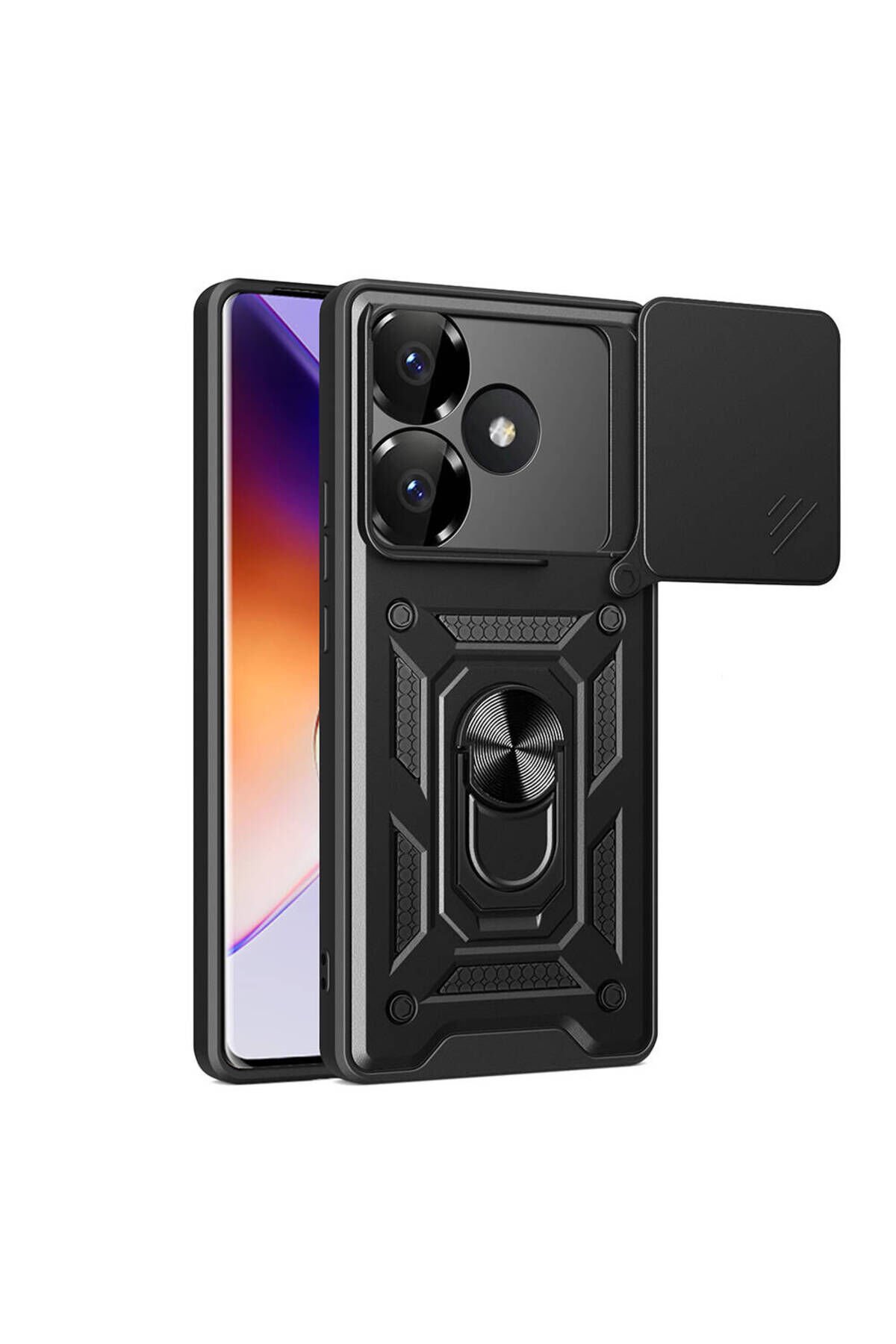 Poco F6 Kılıf Magnetik Standlı Kamera Korumalı SBT Sürgülü Vega Kapak - Mavi Siyah