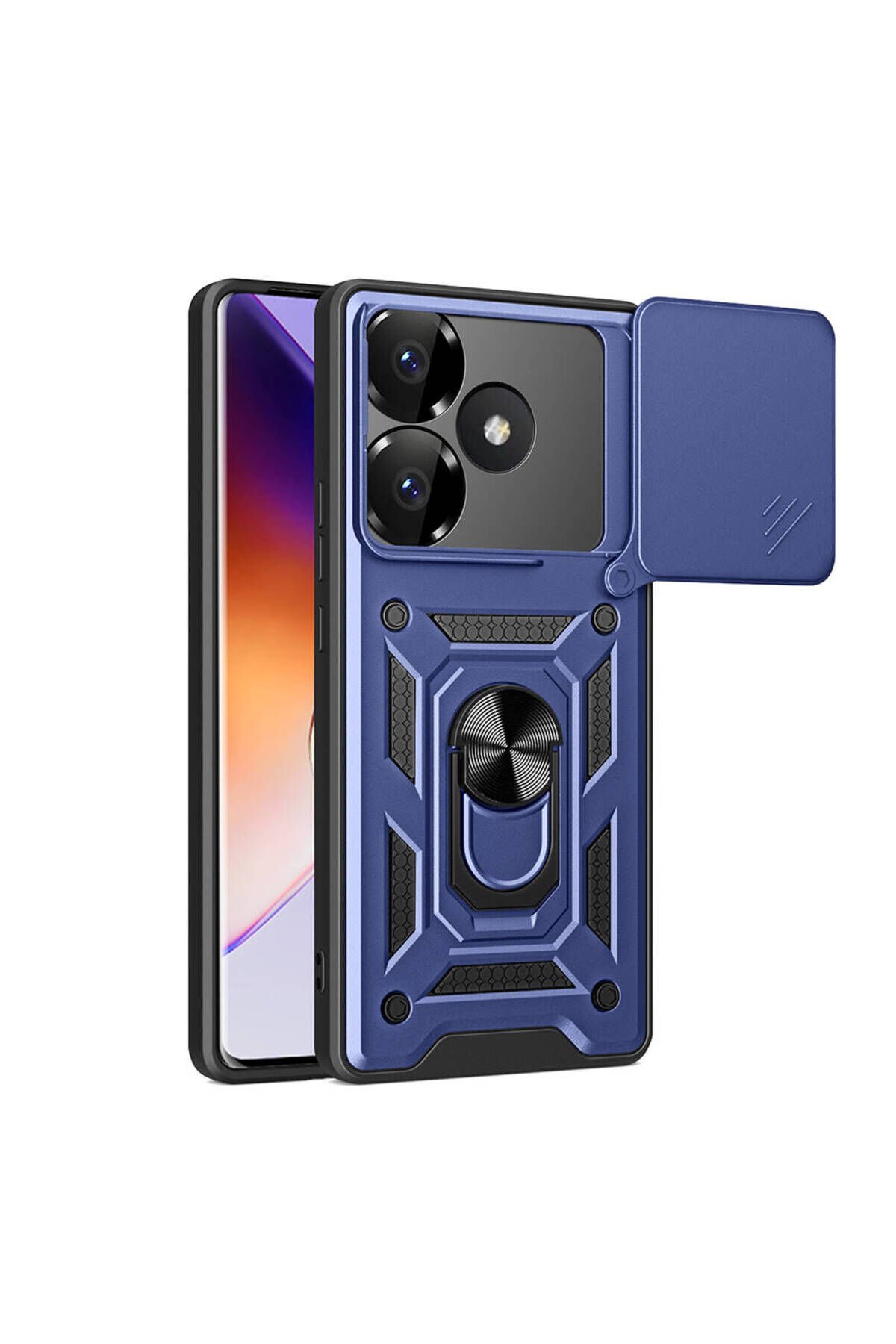 Poco F6 Kılıf Magnetik Standlı Kamera Korumalı SBT Sürgülü Vega Kapak - Mavi Siyah