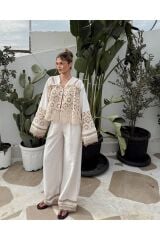 Taş Aksesuarlı Dantel Detaylı Keten Takım