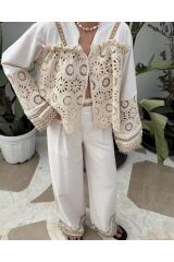 Taş Aksesuarlı Dantel Detaylı Keten Takım