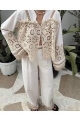 Taş Aksesuarlı Dantel Detaylı Keten Takım Bej - L