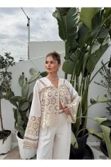 Taş Aksesuarlı Dantel Detaylı Keten Takım