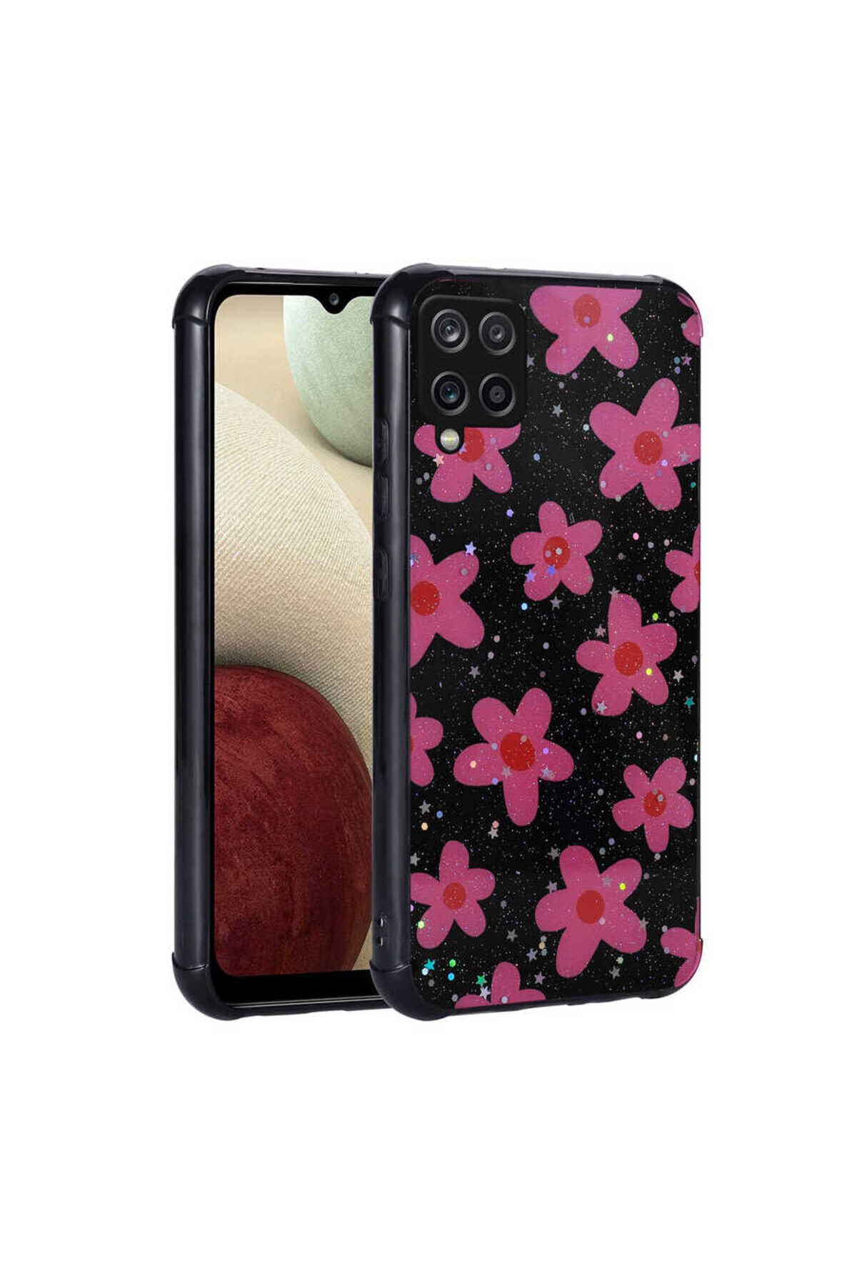 Galaxy M33 Kılıf Simli Desenli Kamera Korumalı Parlak BSAY Popy Kapak - Çiçek Çiçek