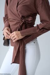 Yandan Bağlamalı Çizgili Gömlek Kestane - L