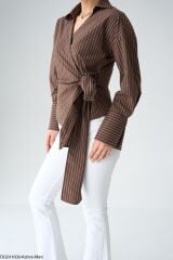 Yandan Bağlamalı Çizgili Gömlek Kestane - L