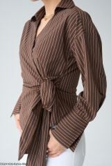 Yandan Bağlamalı Çizgili Gömlek Kestane - L