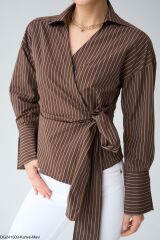 Yandan Bağlamalı Çizgili Gömlek Kestane - L