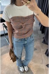 Önü Büzgülü Ekru Kahve Kareli Bluz