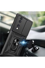 Honor 70 Uyumlu Kılıf Magnetik Standlı Kamera Korumalı BSAY Sürgülü Vega Kapak-Mavi Siyah