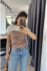 Önü Büzgülü Ekru Kahve Kareli Bluz
