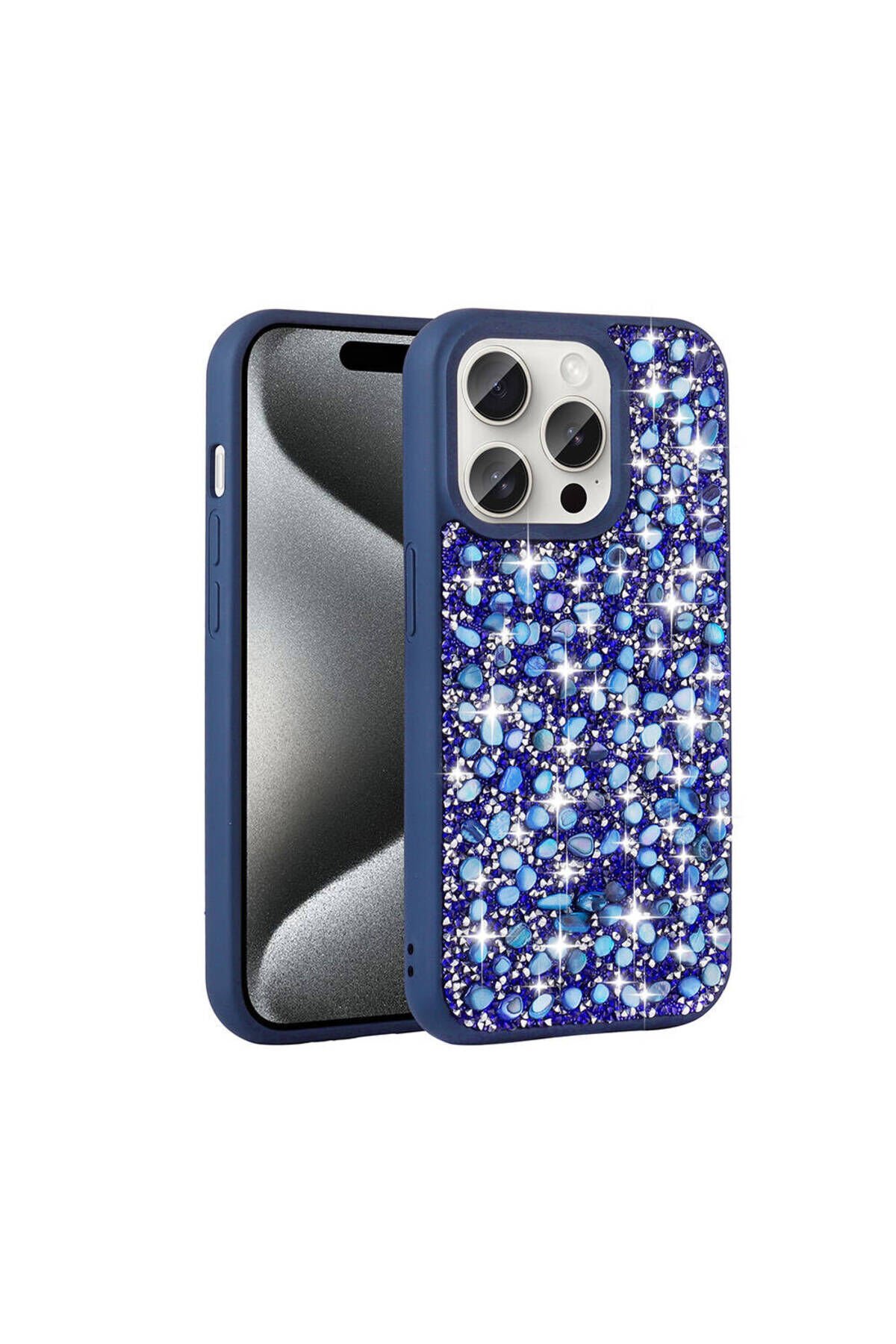 iPhone 15 Pro Max Kılıf Parlak Taşlı Tasarım NXAR Linea Kapak - Lacivert Lacivert