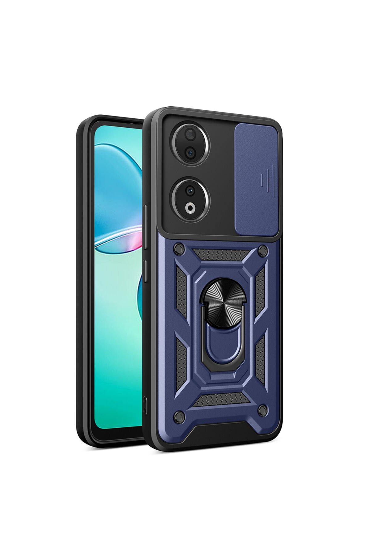 Honor 90 Uyumlu Kılıf Magnetik Standlı Kamera Korumalı BSAY Sürgülü Vega Kapak-Siyah Mavi