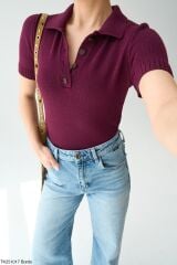 Düğmeli İnce Triko Bluz Bordo - STD