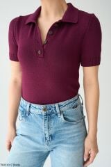 Düğmeli İnce Triko Bluz Bordo - STD