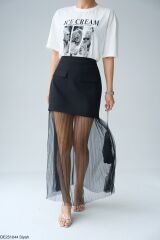 Fermuarlı ve Cep Detaylı Pileli Tüllü Etek