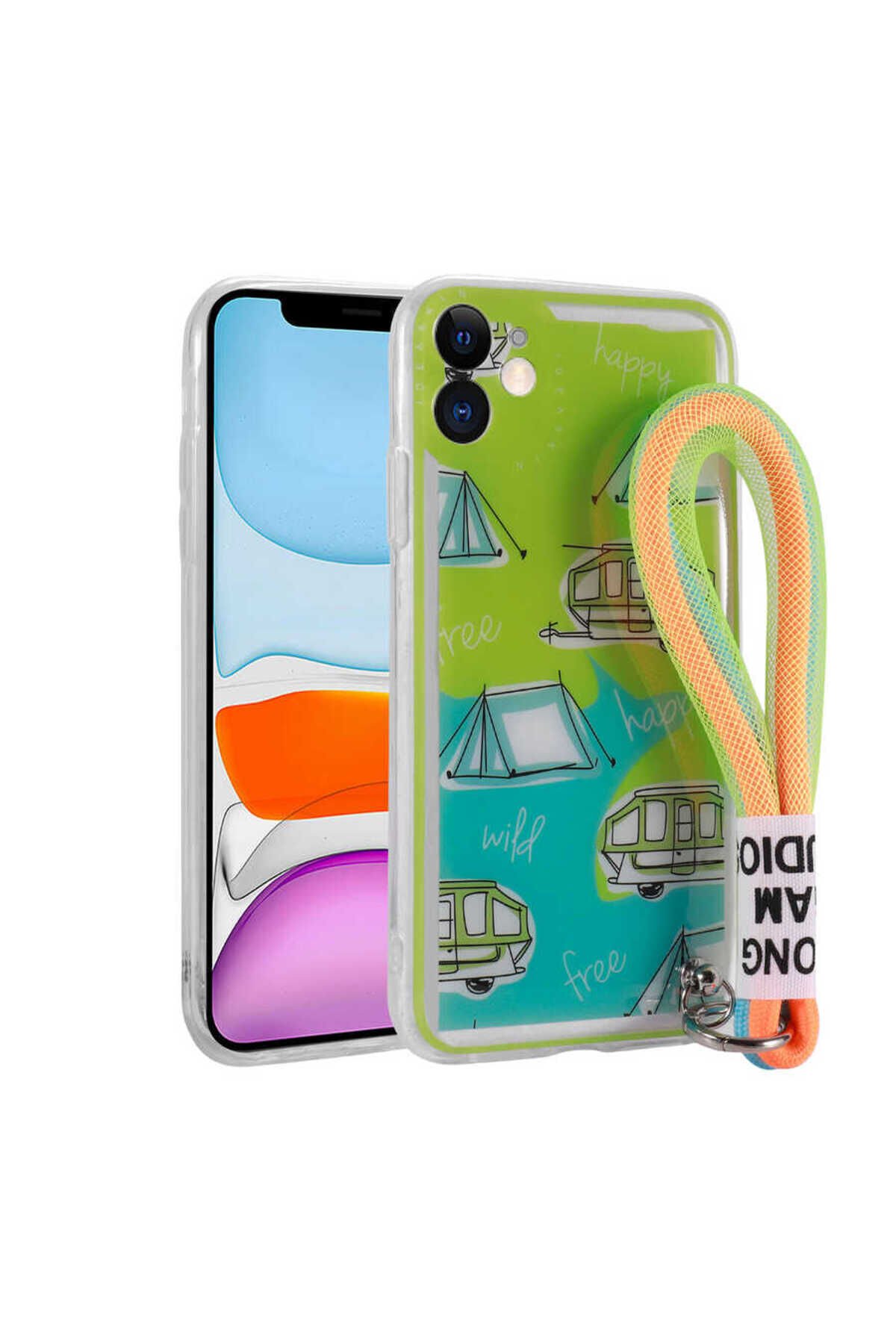 iPhone 11 Uyumlu Desenli El Askılı İpli BSAY Astana Silikon Kılıf-Kamp Kamp