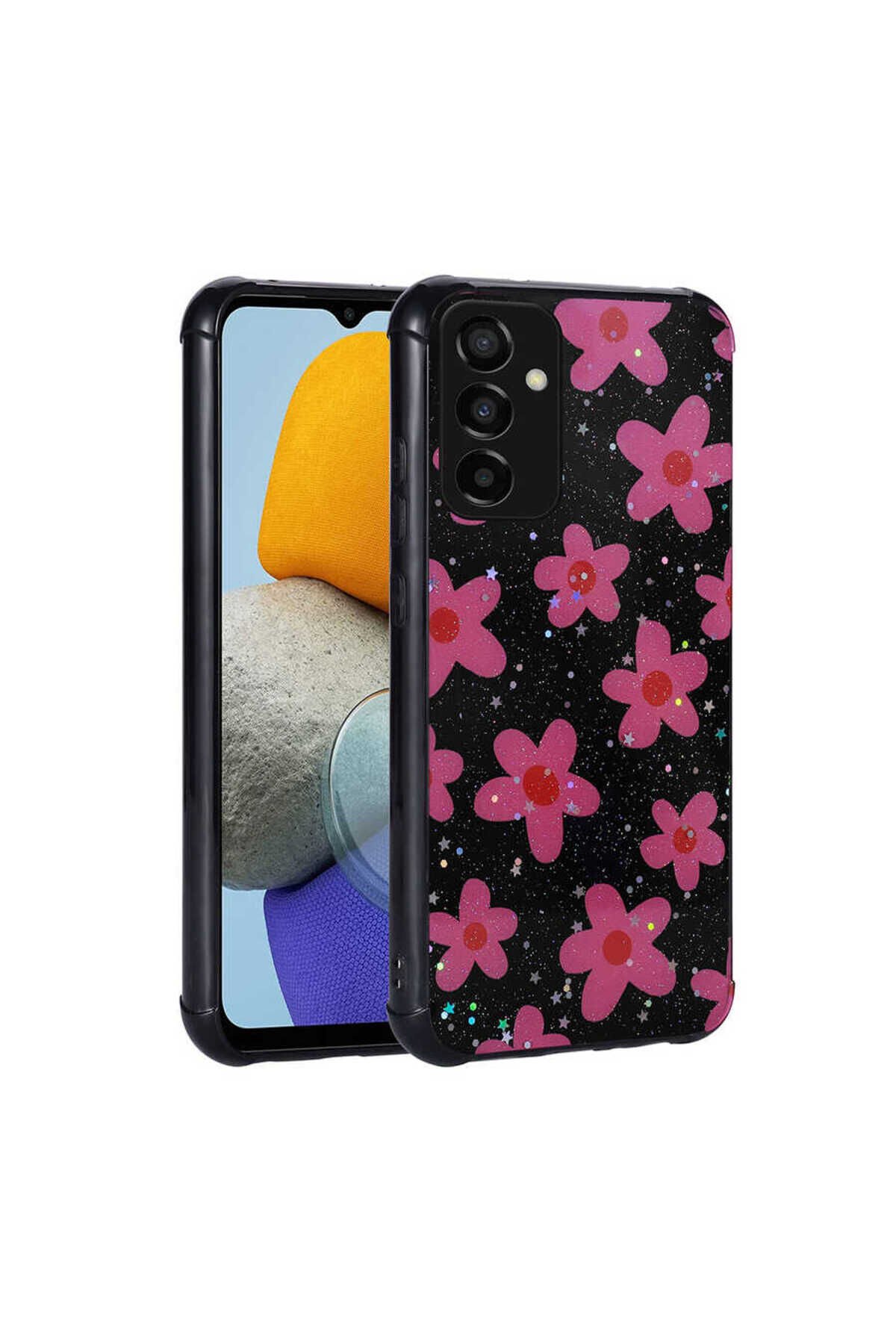Galaxy M23 Kılıf Simli Desenli Kamera Korumalı Parlak BSAY Popy Kapak - Kulübe Çiçek