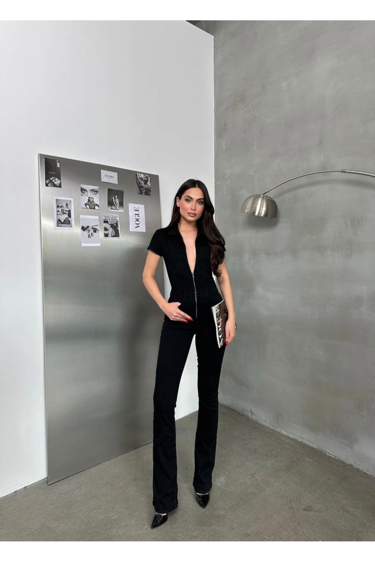 Fermuarlı Ve Cep Detaylı Siyah Renk Kot Tulum (98%COTTON - 2%ELMAS) Siyah - 36