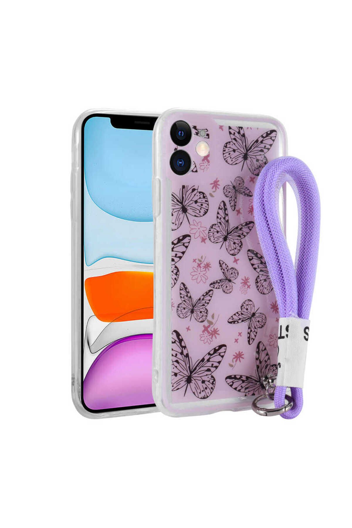 iPhone 11 Uyumlu Desenli El Askılı İpli BSAY Astana Silikon Kılıf-Kamp Kelebek
