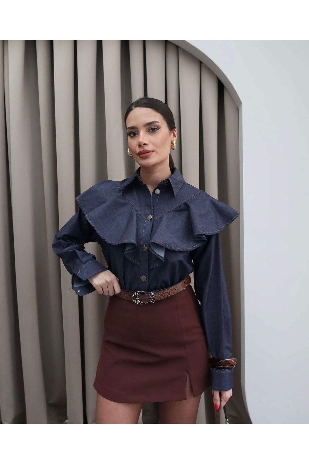 Önden Düğmeli Pile Detay Özel Tasarım Denim Gömlek Koyu Mavi - S