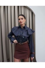 Önden Düğmeli Pile Detay Özel Tasarım Denim Gömlek Koyu Mavi - L