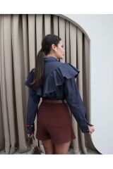 Önden Düğmeli Pile Detay Özel Tasarım Denim Gömlek Koyu Mavi - S