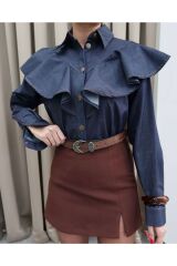 Önden Düğmeli Pile Detay Özel Tasarım Denim Gömlek Koyu Mavi - S