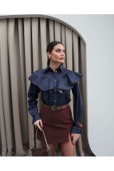Önden Düğmeli Pile Detay Özel Tasarım Denim Gömlek Koyu Mavi - L