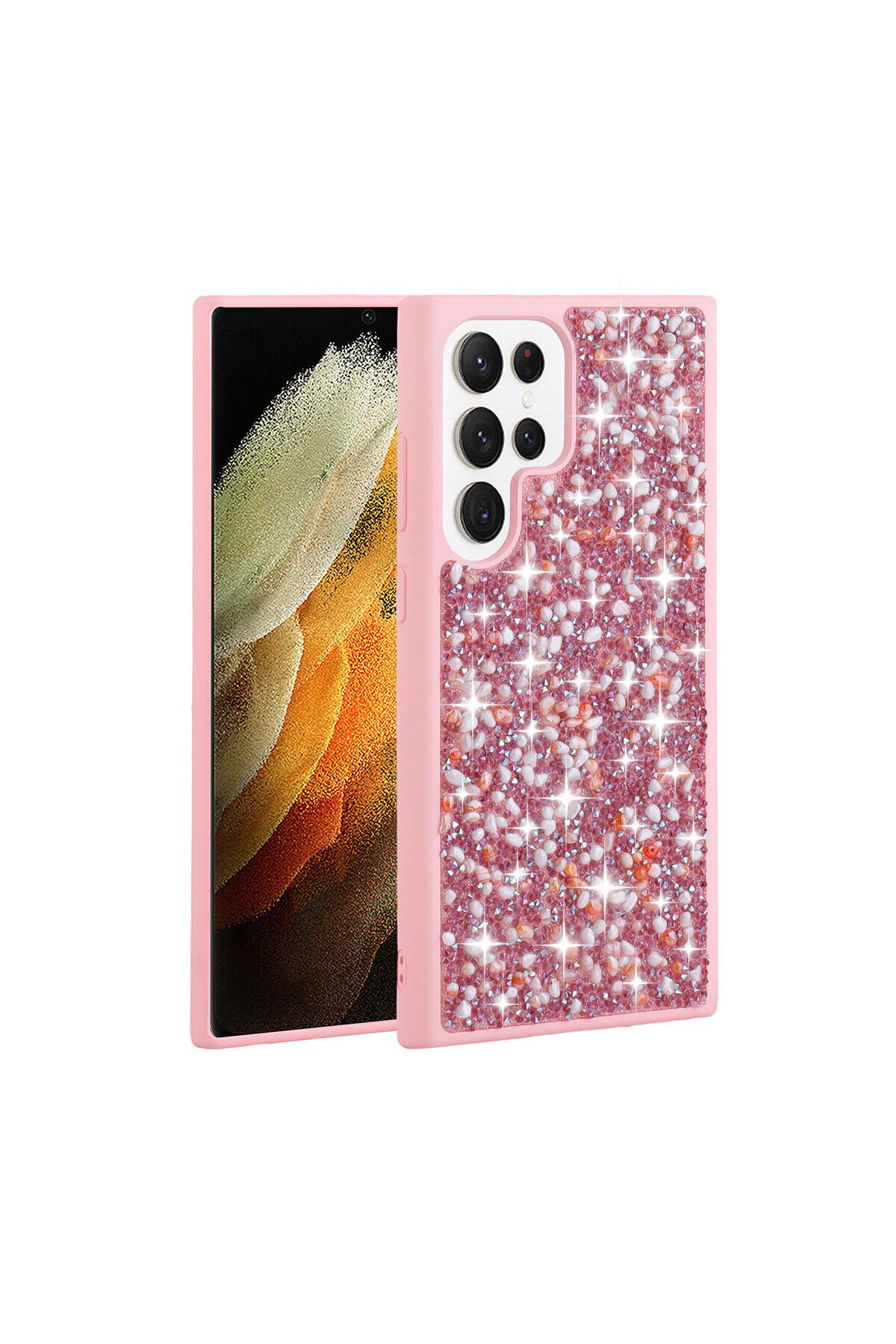 Galaxy S23 Ultra Uyumlu Parlak Taşlı Tasarım SENK Linea Kılıf-Pembe Pembe