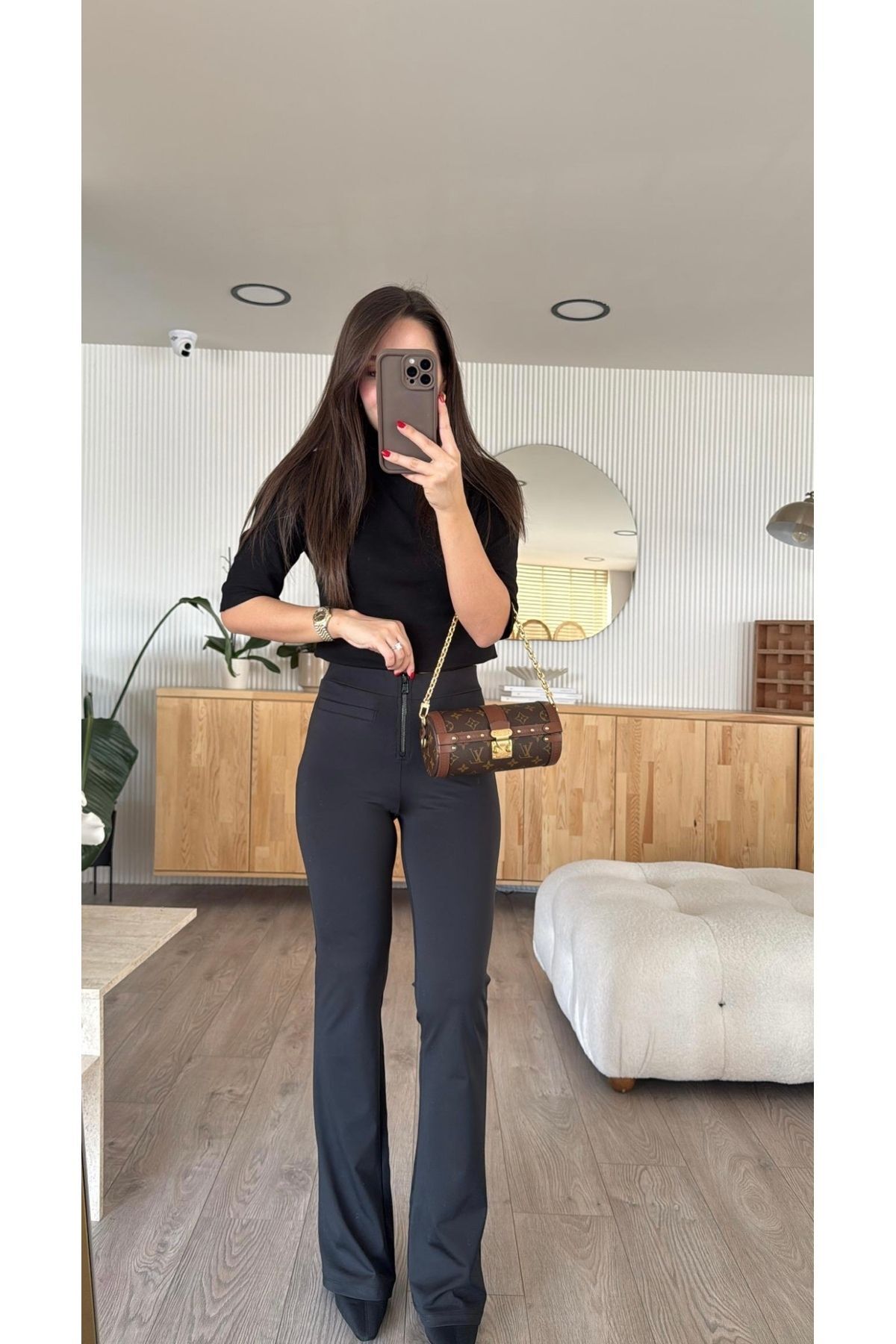 Önden Fermuarlı İspanyol Paça Toparlayıcı Tayt Siyah - M