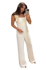 Kalın Askılı Gül Detay Beyaz Tulum Beyaz - L