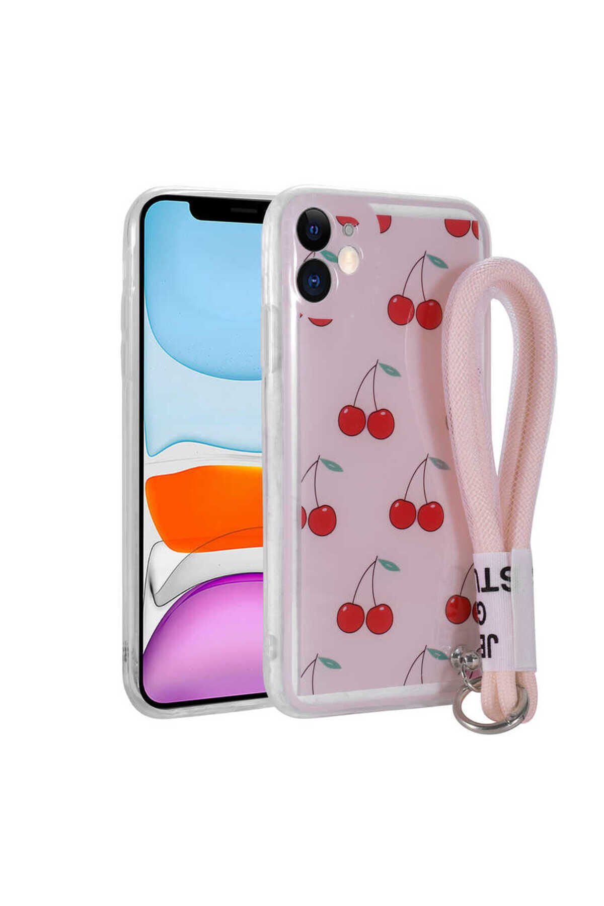 iPhone 11 Uyumlu Desenli El Askılı İpli BSAY Astana Silikon Kılıf-Kamp Kiraz