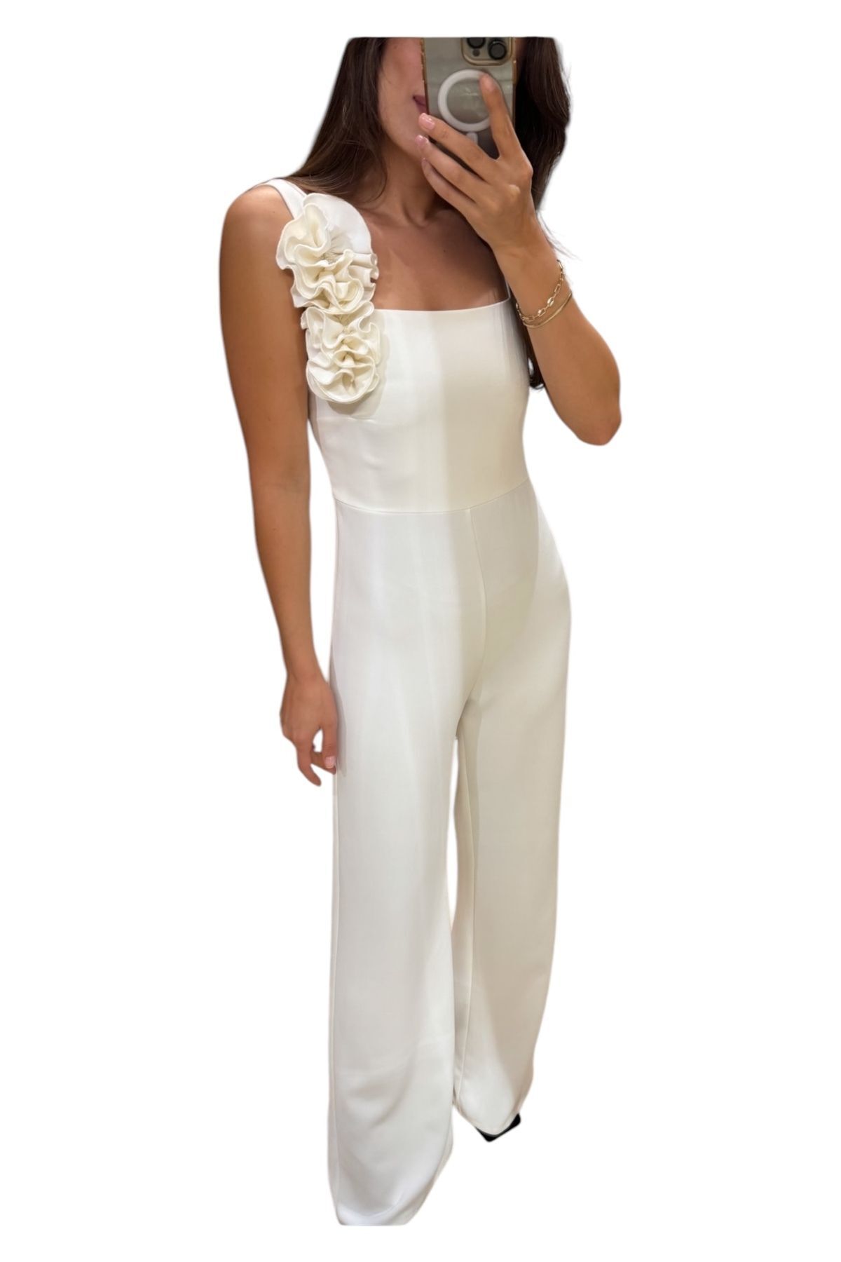 Kalın Askılı Gül Detay Beyaz Tulum