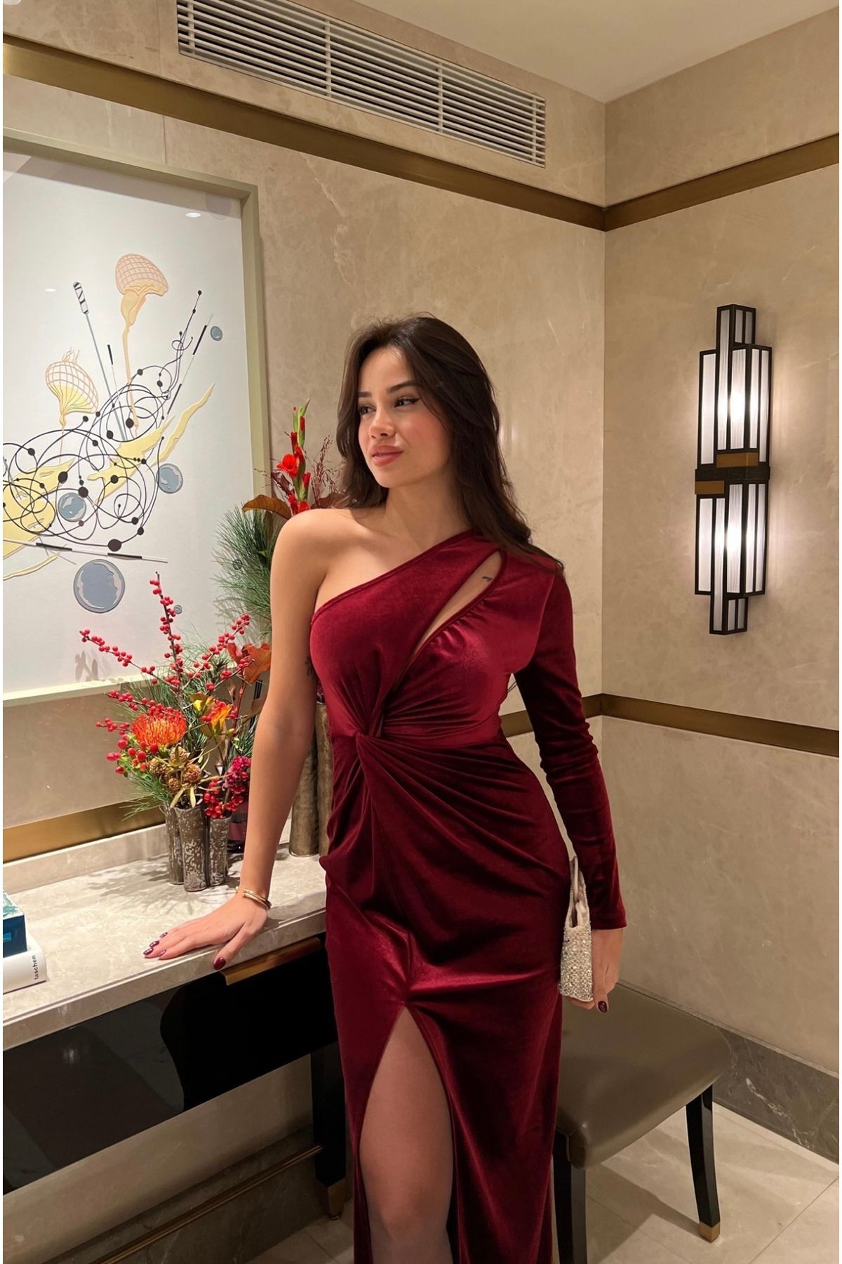 Tek Kol Detaylı Bordo Kadife Elbise Bordo - M