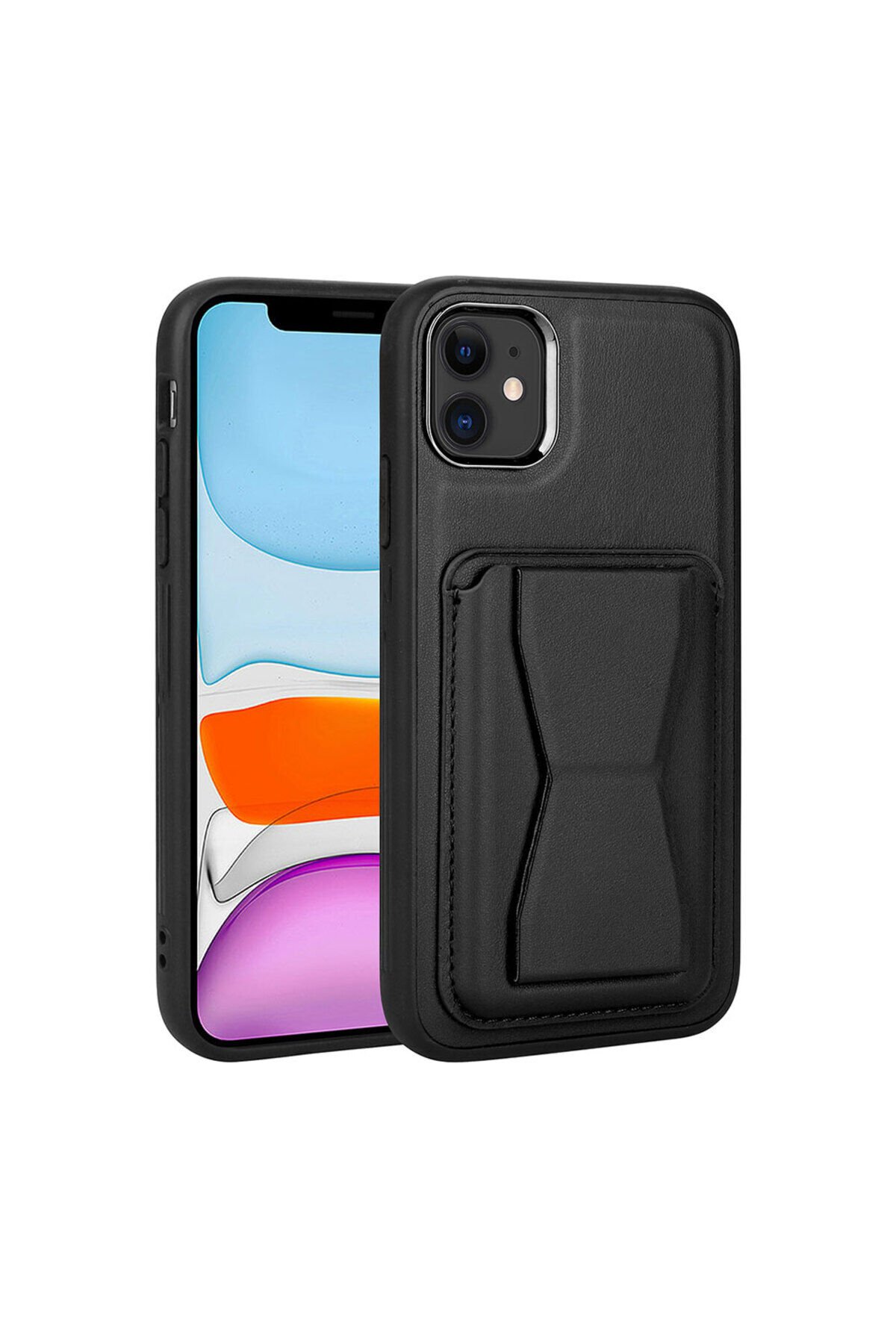 iPhone 11 Uyumlu Kartlıklı Standlı Pu Deri BSAY Memo Kılıf-Koyu Mor Siyah