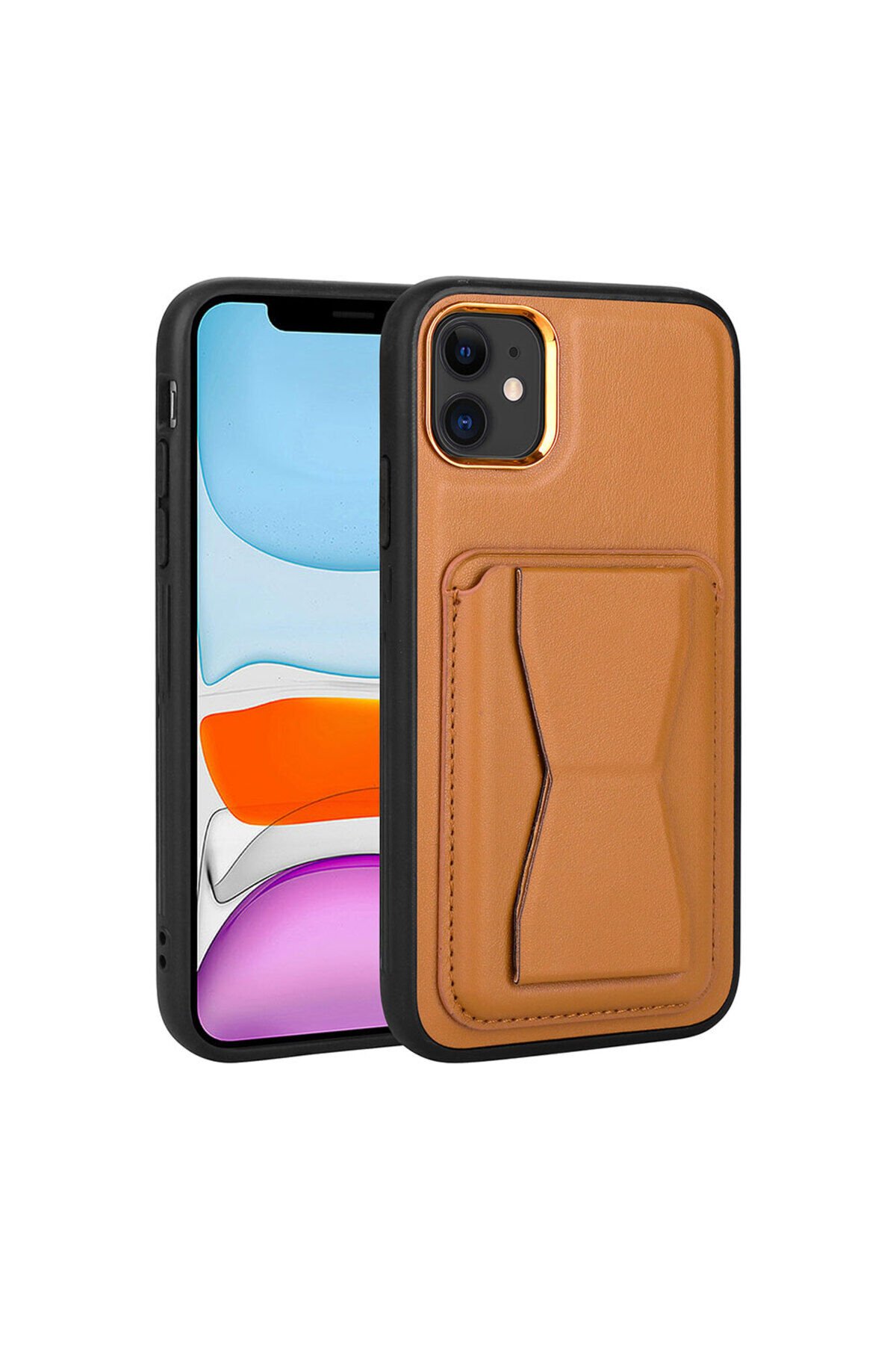 iPhone 11 Uyumlu Kartlıklı Standlı Pu Deri BSAY Memo Kılıf-Koyu Mor Kahve Açık