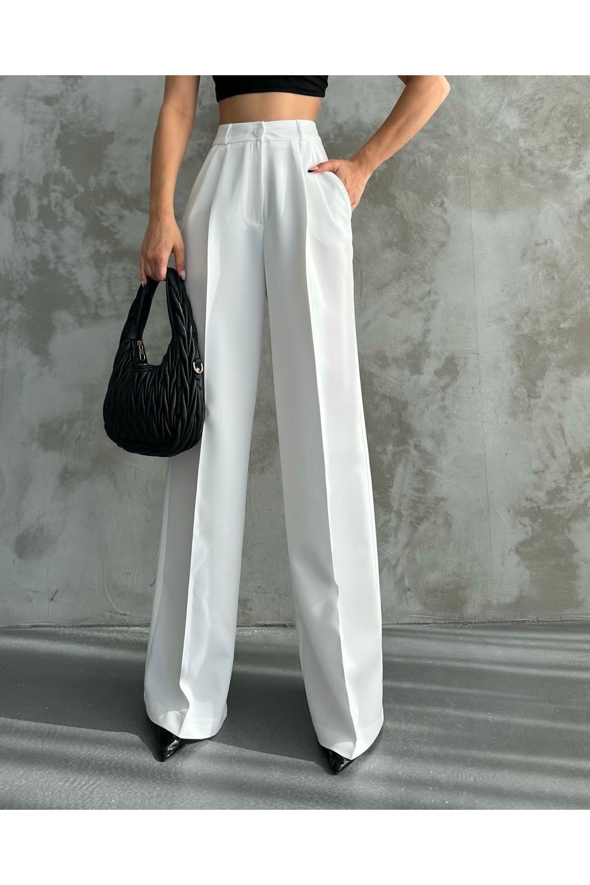 Yüksek Bel Önden Cep Detaylı Palazzo Pantolon