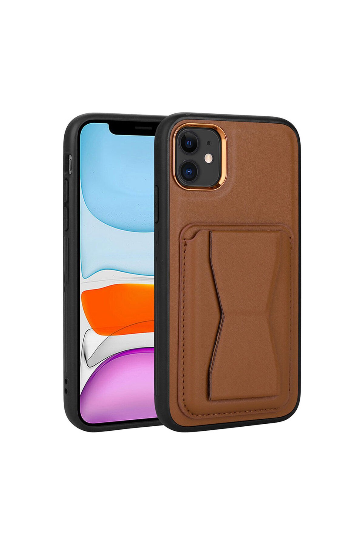 iPhone 11 Uyumlu Kartlıklı Standlı Pu Deri BSAY Memo Kılıf-Koyu Mor Kahverengi