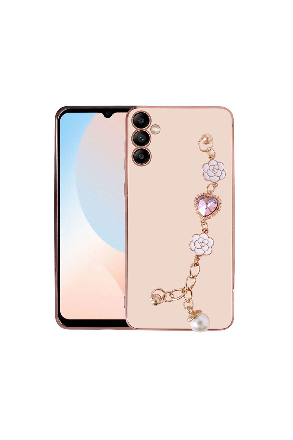 Galaxy A34 Kılıf El Tutamaçlı Kamera Korumalı BSAY Taka Silikon Kapak - Beyaz Pembe